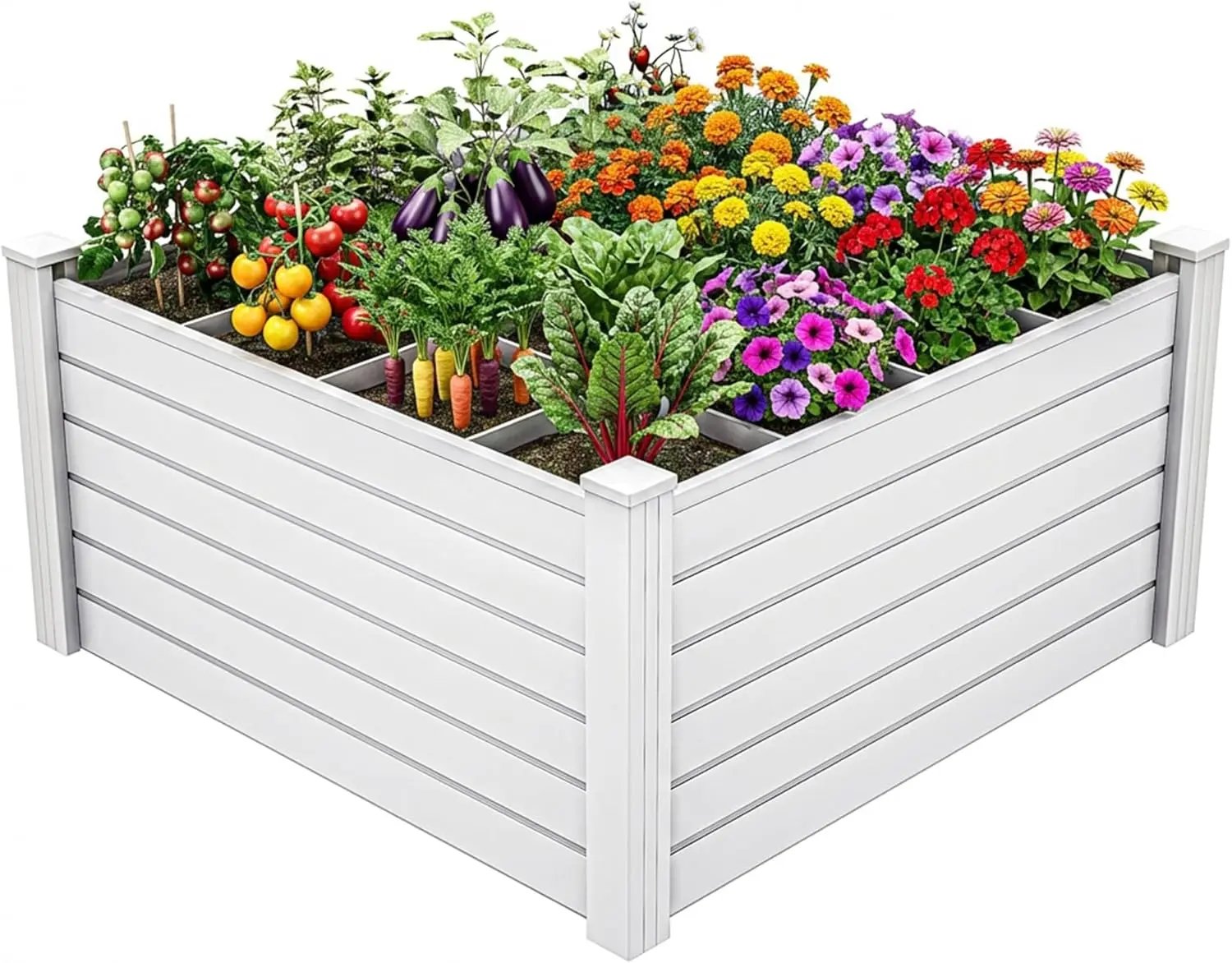 48x48x24 in Plastic Raised Garden Bed with Growth Grid, Large Outdoor Vinyl Planter Box for Plants, Vegetables, and Flowers, Easy Installation, White