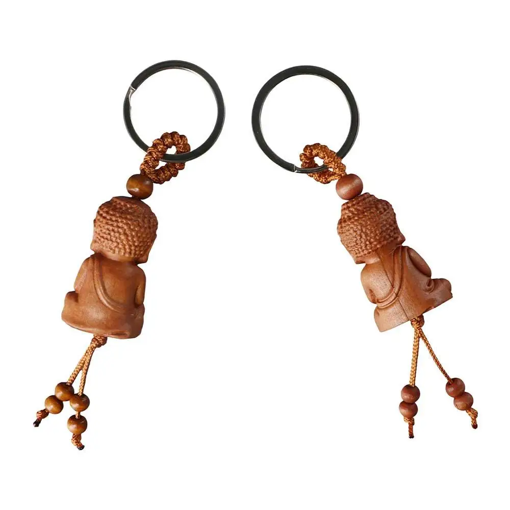 Lifelike Three-dimensional Buddha Monk Bag Pendant Wood Carving Craft Engraving Key Ring Car Accessories Keychain Keyfob