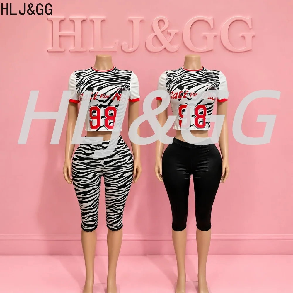 HLJ&GG Fashion Y2K Stripes Print Tshirts Two Piece Sets Women Round Neck Slim Crop Top And Shorts Outfits Sexy 2pcs Streetwear