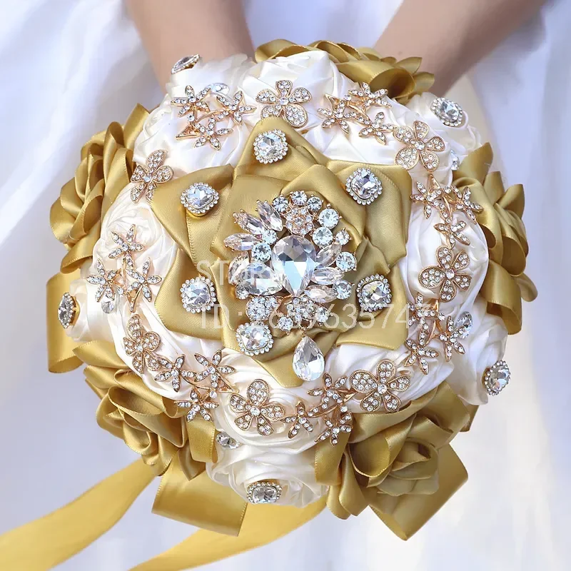 for Gold Rhinestone Bride Rose Bouquet Bridesmaids Chapel Wedding Artificial Flower Bouquet Manufacturer Direct Supply