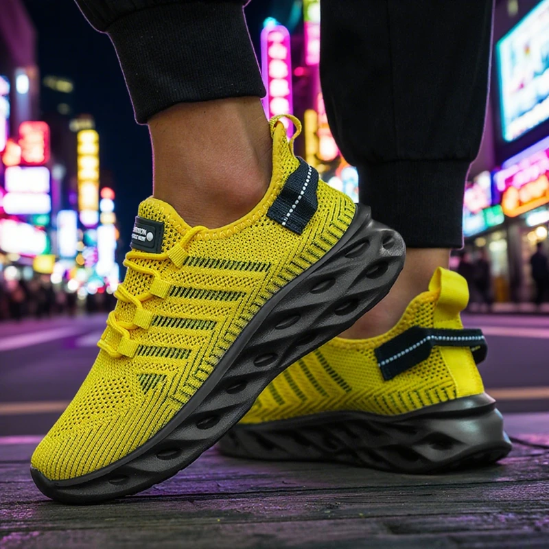 Men's Breathable Knit Sneakers Hollow Structure Sole Comfortable Walking Shoe Summer Fashionable Functional Casual Running Shoes