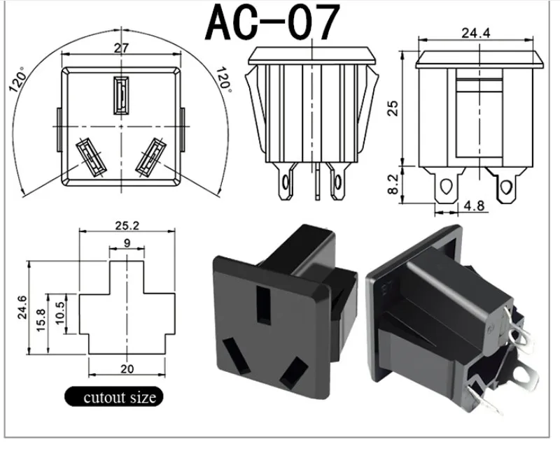 Wechselstromversorgung, dreipolige T-förmige Steckdose, Schalter mit Licht, Stecker-/Buchsenanschluss für das Stromkabel – Detail 5