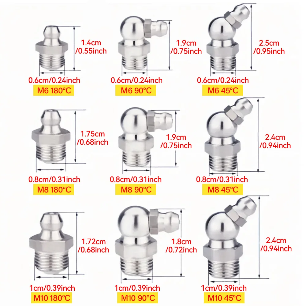 60/120Pcs Galvanized Metal Grease Nipple Fittings Kit Straight 45°/90°/180°Angle M6/M8/M10 Grease Nipple Kit With Storage Box