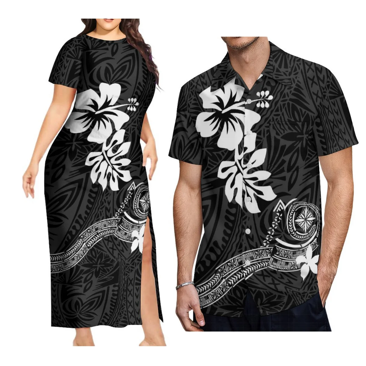 

Summer Polynesian Custom Patterned Samoan Couple Suit Women'S Crew Neck Sheath Dress Slit Long Skirt Men'S Casual Shirt