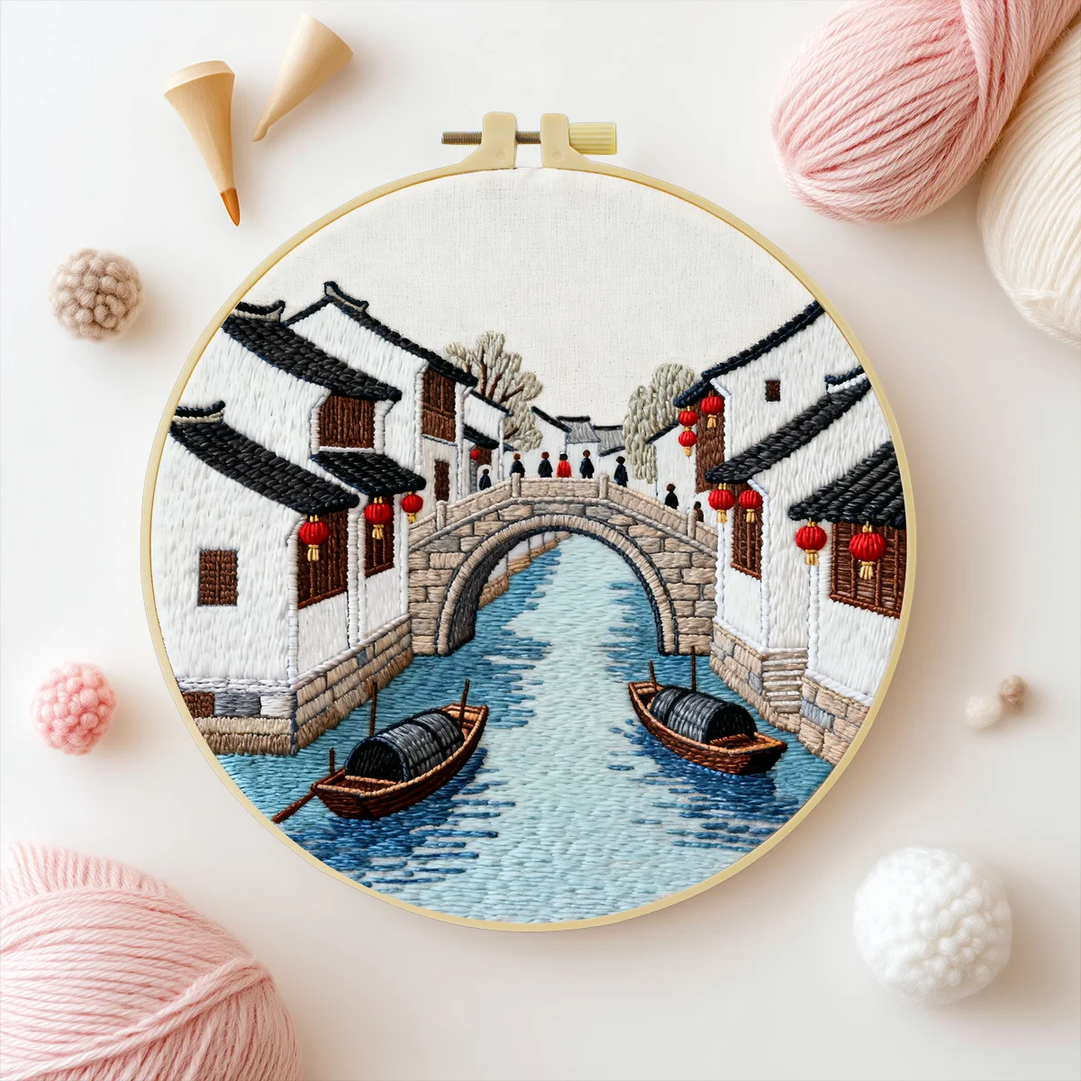 Small Bridge Flowing Water DIY Embroidery Kit, with Pattern Cotton Threads Needles Hoop Handmade Embroidery Kit