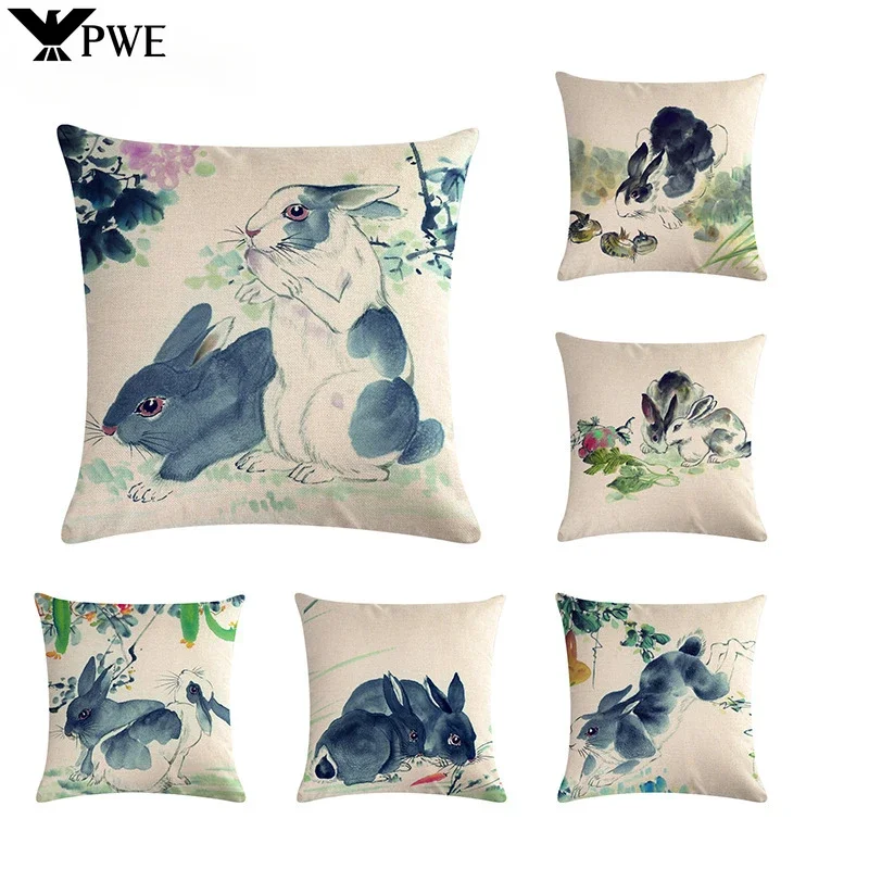 

Cute Ink Painting Style Rabbit Pillowcase Office Seat Car Sofa Cushion Cover Living Room Sofa Linen Decorative Pillowcase