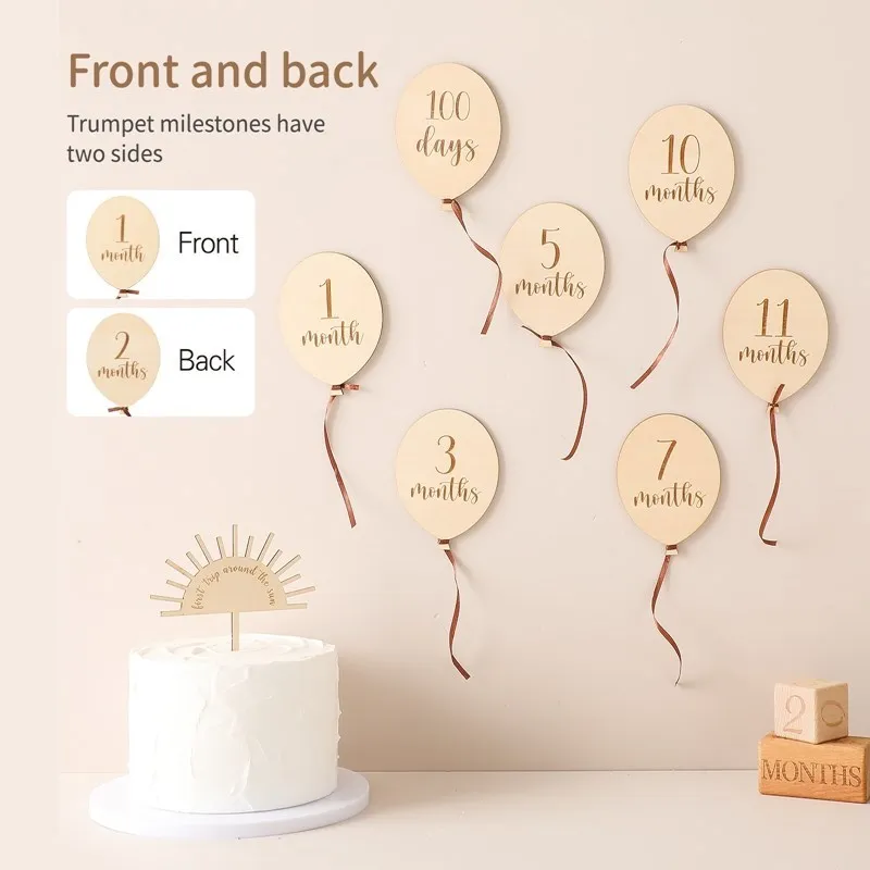 9PCS Baby Wooden Balloon Milestone 1-12Month Card Wooden Milestone Newborn Children Photography Props Birthday Party Decoration