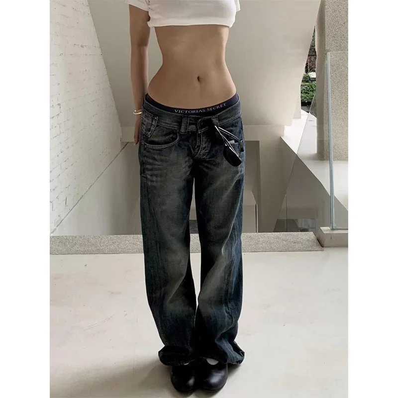 Women Vintage Blue Y2k Baggy Jeans Harajuku 2000s 90s Denim Trousers American Retro Streetwear Pants Clothes 2025 Autumn