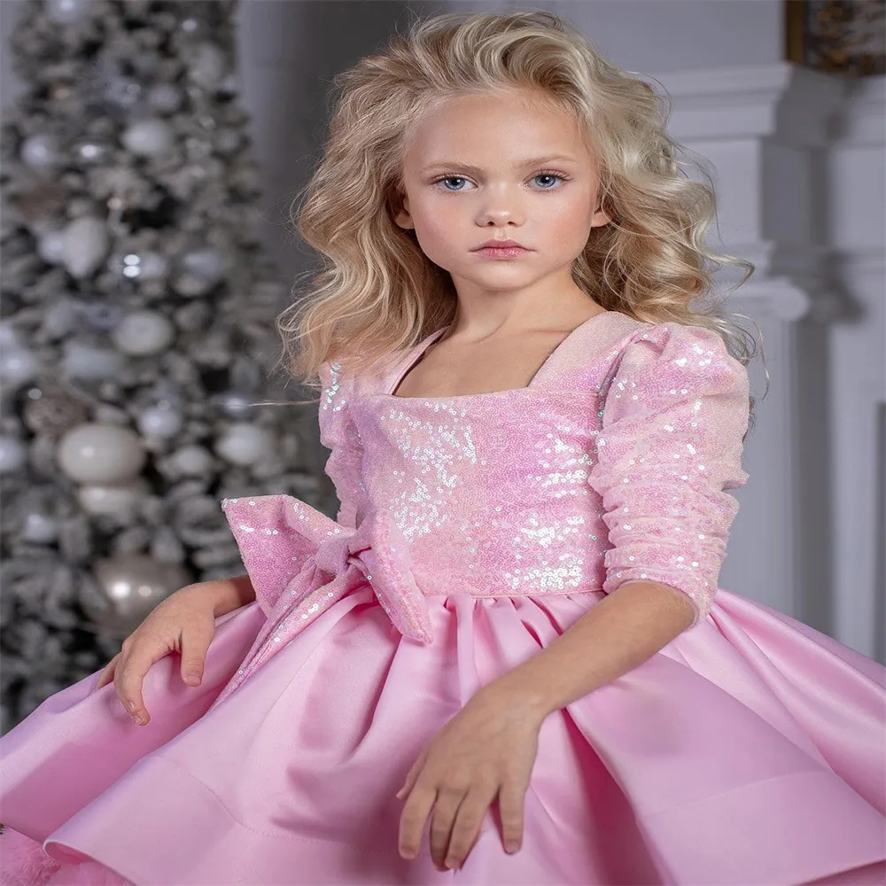 

Sparkle Wedding Flower Girl Dress Half Sleeves Hot Pink Sequin Square Neck Birthday Dress Baby First Communion Princess Costume