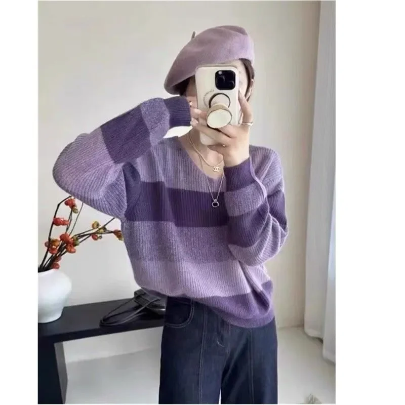 

Korean Chic Lazy Style Soft and Waxy Knitted Pink Striped Top 2025 Autumn Style V-neck Women's Pullover
