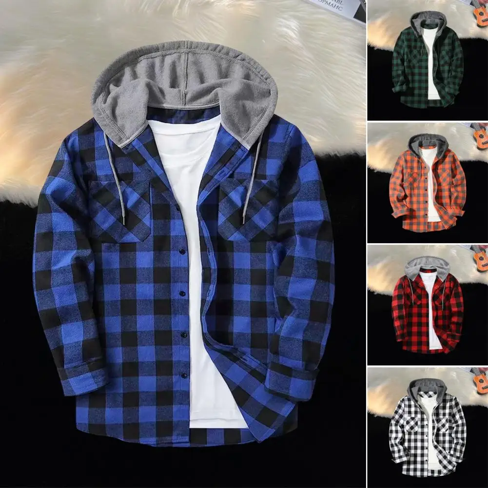 Men Casual Plaid Shirt Men's Plaid Print Hooded Shirt Coat for Daily Wear School Long Sleeves Drawstring Single-breasted Fall