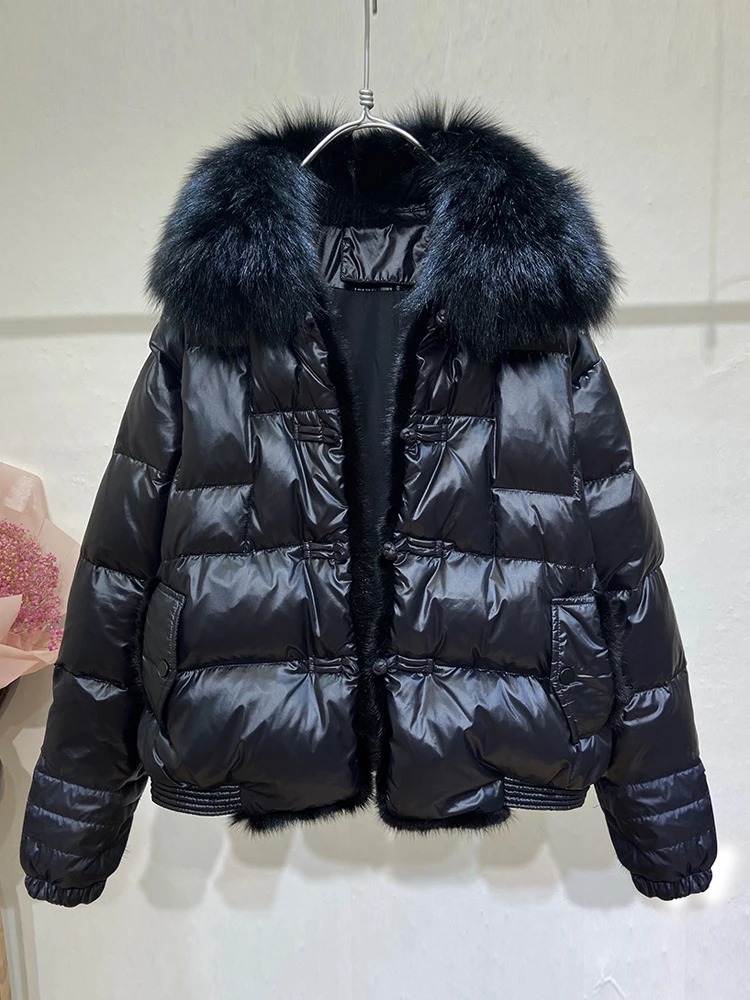 Lapel Fox Fur Big Fur Collar Stitching Mink Short Down Jacket New Women\'s Clothing Plate Buckle Bread Coat Winter Clothing Coats