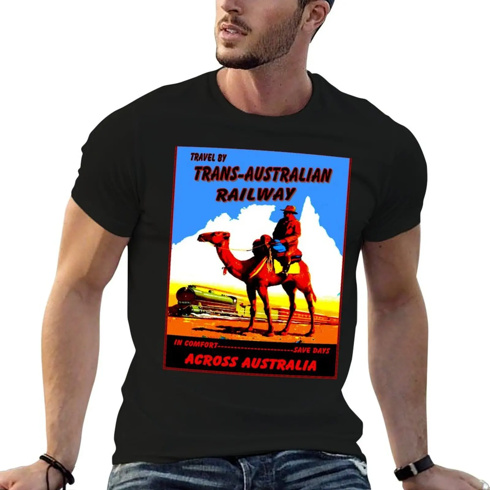 

TRANS-AUSTRALIAN : Vintage Travel by Rail Across Australia Print T-Shirt funny t shirts dark humor man t shirts graphic T-Shirt