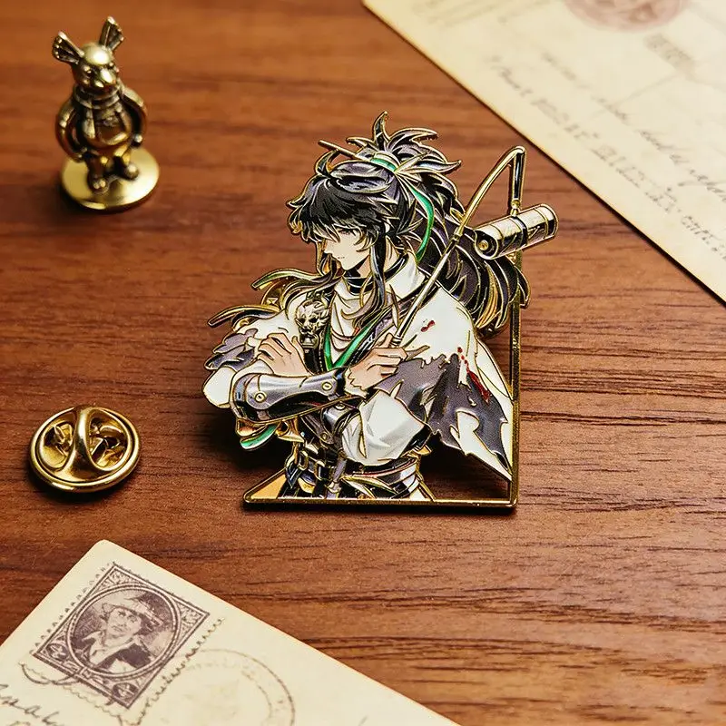 Golden Frame Ancient Chinese Warrior Enamel Pin Oriental Swordsman Scroll Metal Brooch Backpack Clothes Decor Gift - view 4