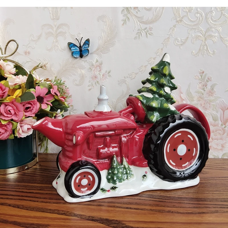 European hand-painted ceramic car Christmas Tree tea kettle living room decoration cartoon Home coffee pot Holiday gifts