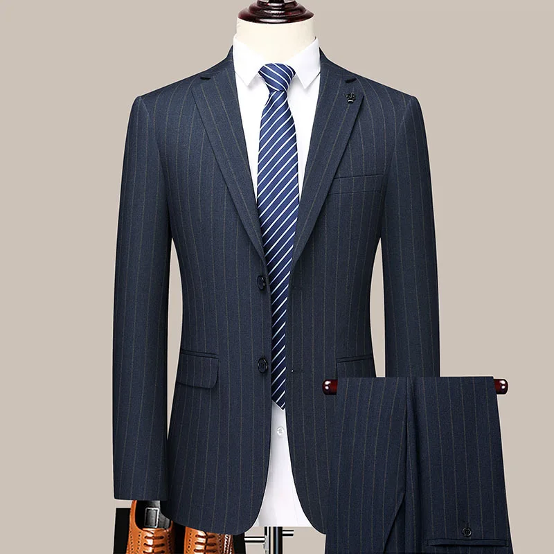 (197) Customized Men's High-end Wedding Groom's Suit Business Casual Slim Striped Dress