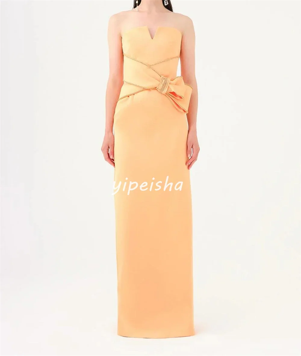 Customized Jersey Bow Beading Evening A-line Strapless Bespoke Occasion Gown Long Dresses