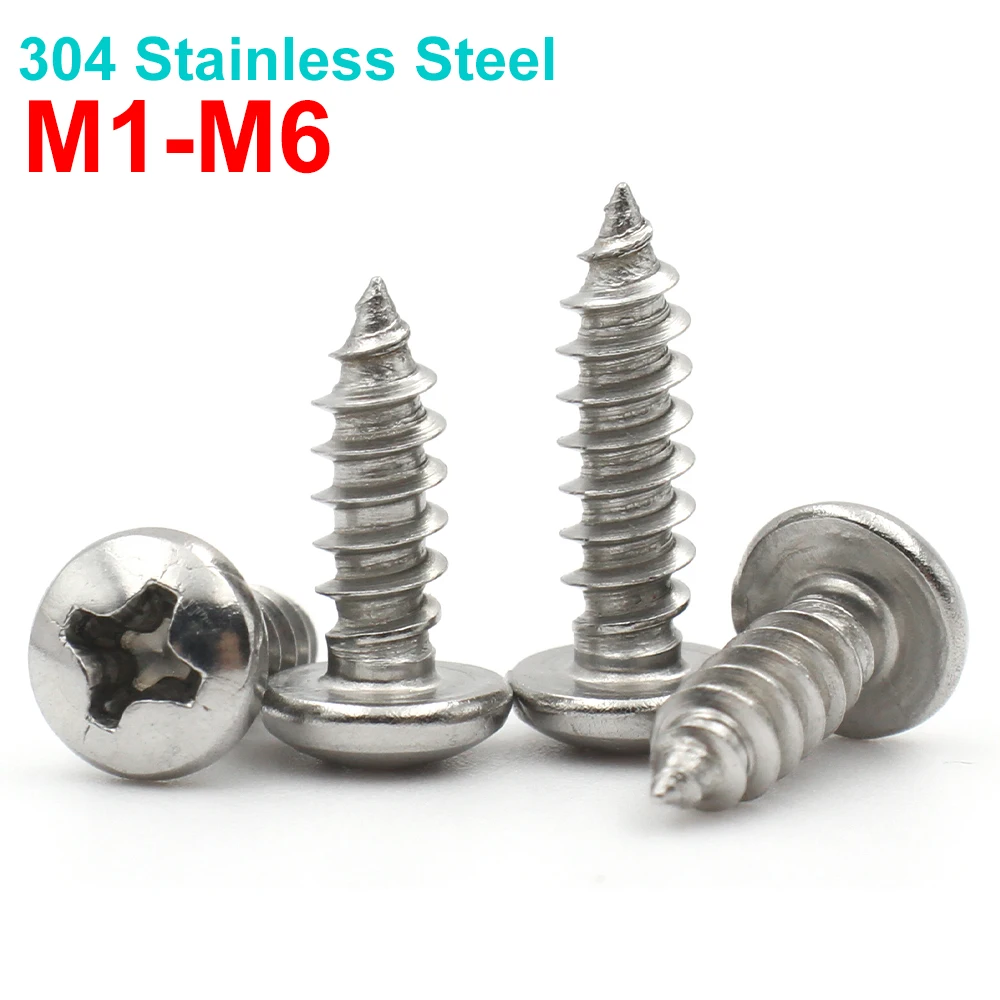 

10-100pcs M1 M1.2 M1.4 M1.7 M2 M2.3 M2.6 M3 M3.5 M4 M5 M6 304 Stainless Steel Cross Phillips Pan Round Head Self Tapping Screw