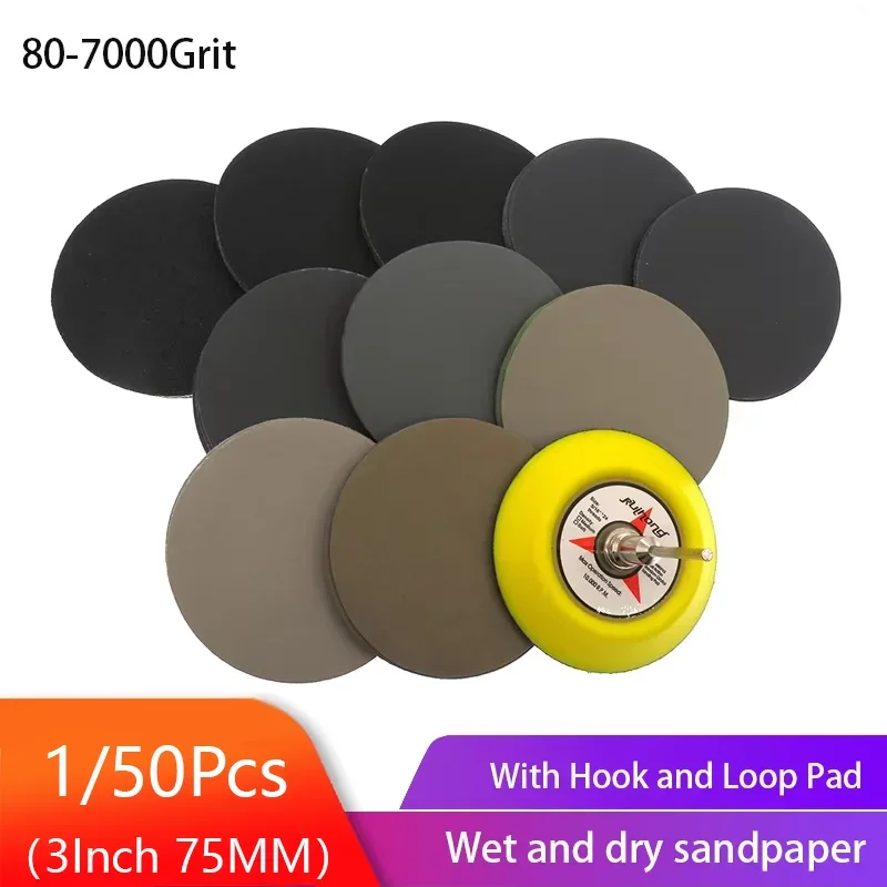 1/50 Pcs Wet Dry Sandpaper Assortment 80-7000 Grit Sander Disc 3 Inch 75mm With Hook and Loop Sanding Pad for Polishing Wood