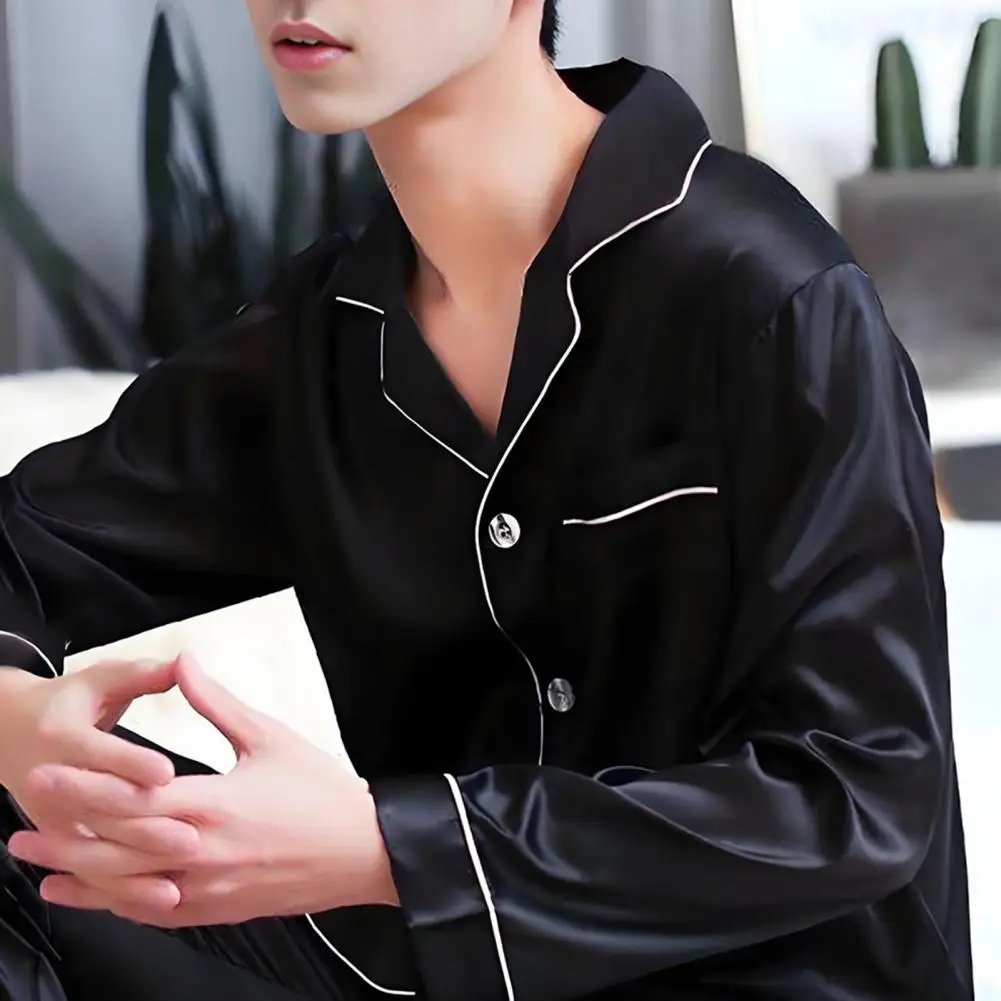 2Pcs/Set Men Sleepwear Set Lapel Long Sleeve Single Breasted Tops Elastic Waist Loose Long Trousers Set Home Wear