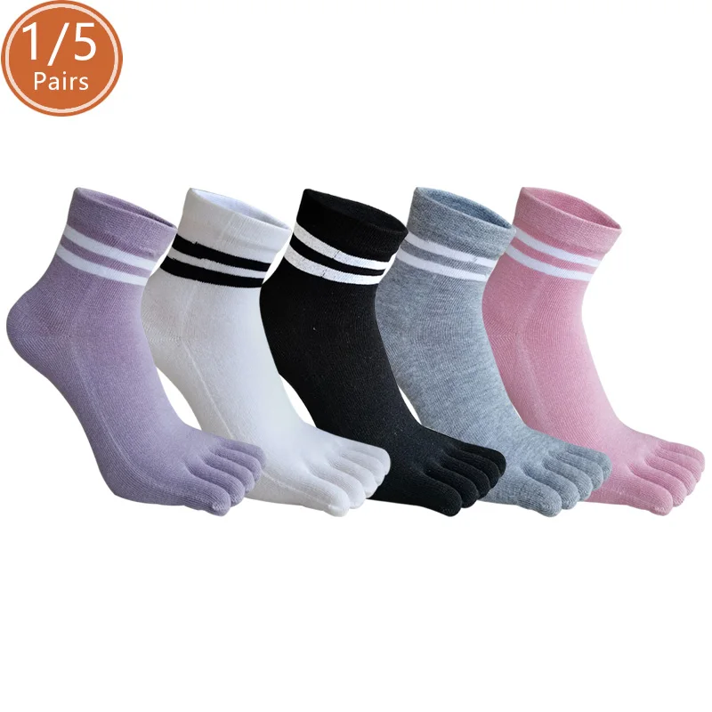 Baumwolle 5-Finger-Socken, kurz, für Damen, gestreift, solide, weich, elastisch, atmungsaktiv, für Studenten, jung, lässig, Harajuku, Zehensocken, 4 Jahreszeiten