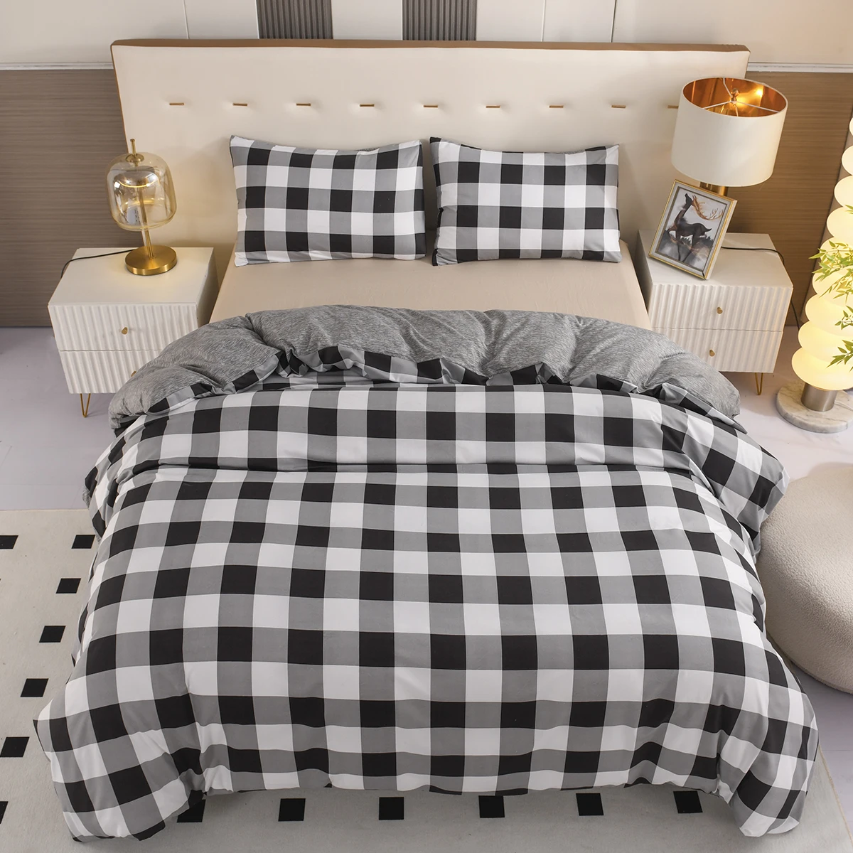 

Farmhouse Buffalo Checked Bedding Set Black And White Plaid Duvet Cover Soft Lightweight Grid Bedspreads Modern Geometric Decor