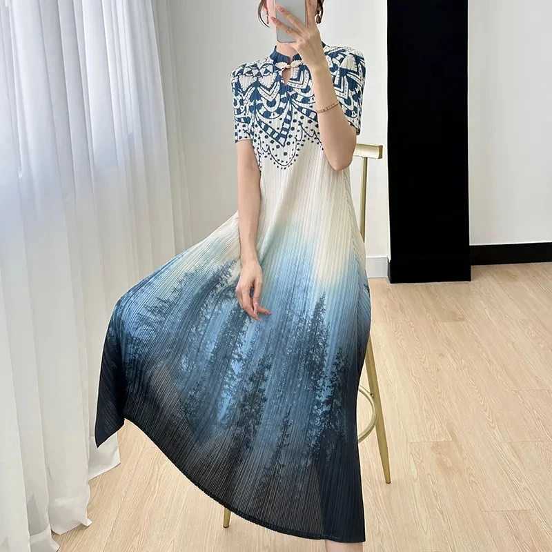 Fashion Printing Fold Dress Female 2024 New Summer Dresses Medium Length Loose Slim Improved Cheongsam Women's Dress Sundress