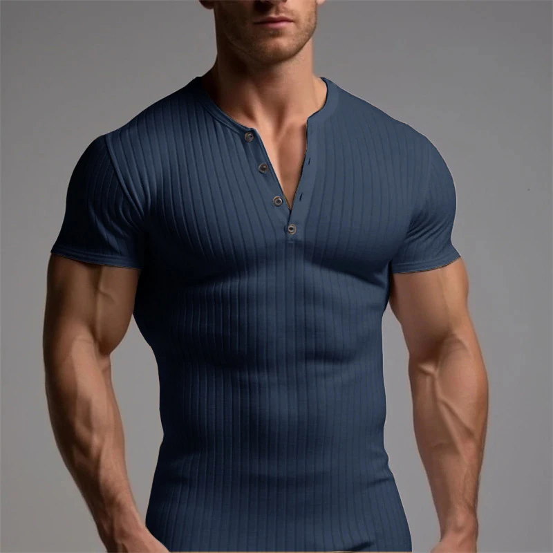 Casual Ribbed Solid Color Mens T-shirts Leisure O Neck Button Short Sleeve T Shirt Summer Men Sports Fashion Plain Tee Pullovers