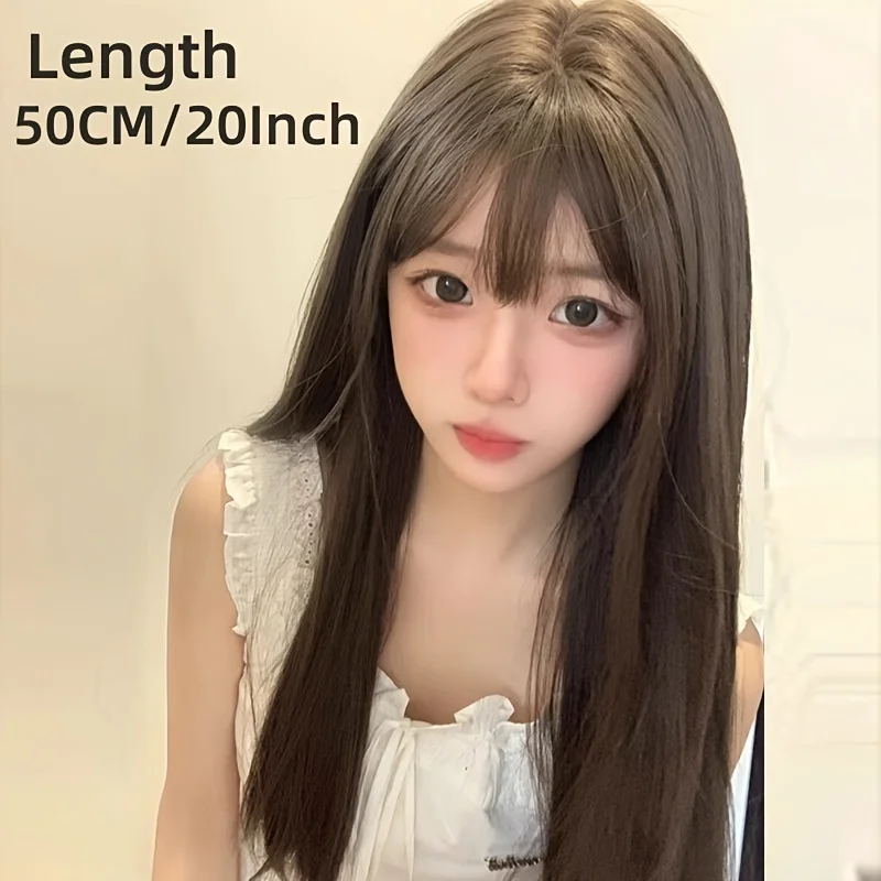 Long Straight Synthetic Hair Wig with Atmospheric Bangs, a Perfect Choice for a Sweet Summer Look, Suitable for Any Occasion