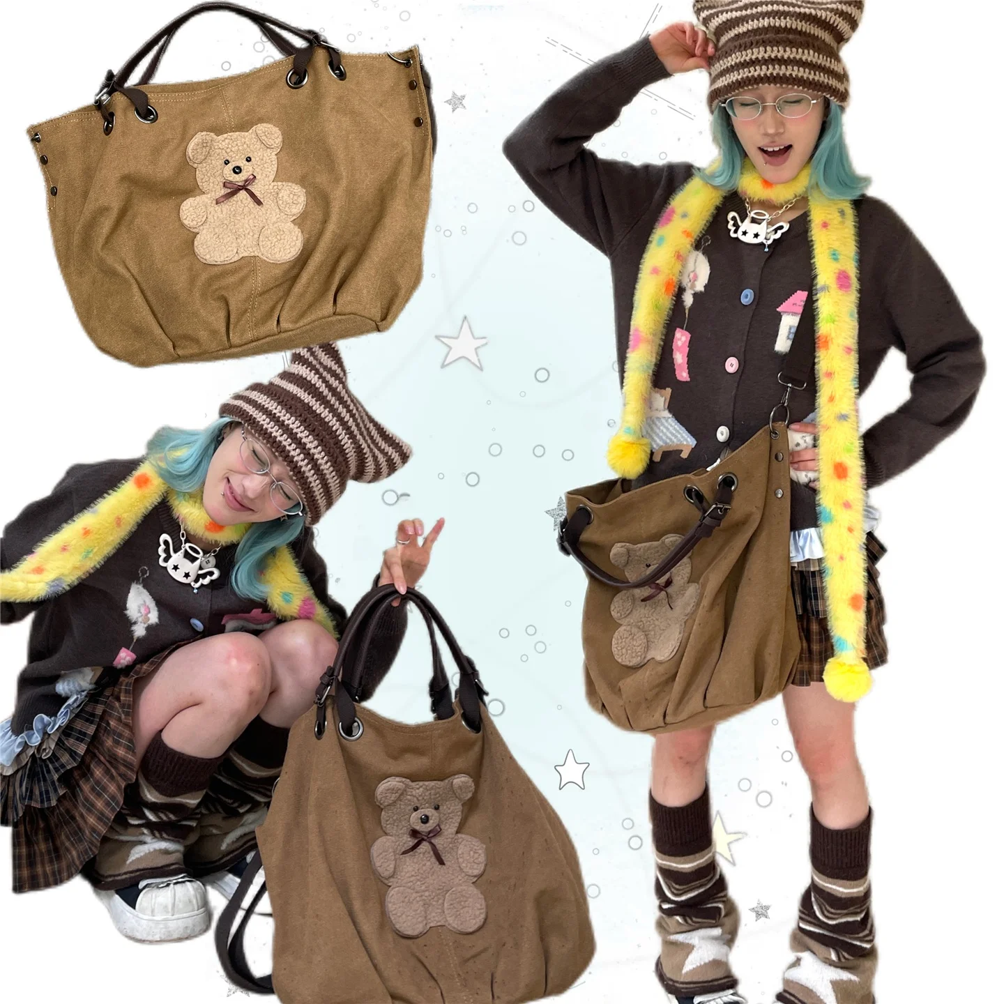 

Y2K большая сумка-тоут Capaci Sun Bear, женская сумка, парусиновая сумка через плечо, молодежная повседневная сумка