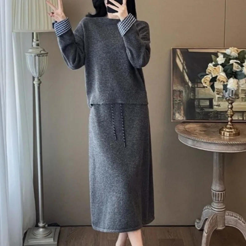 Ensemble pull paresseux automne et hiver, nouveau tempérament ample, jupe pull tricotée fine, ensemble deux pièces