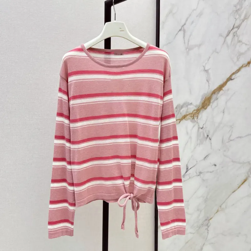 Pink Loose Versatile Striped Crew Neck Knit Top