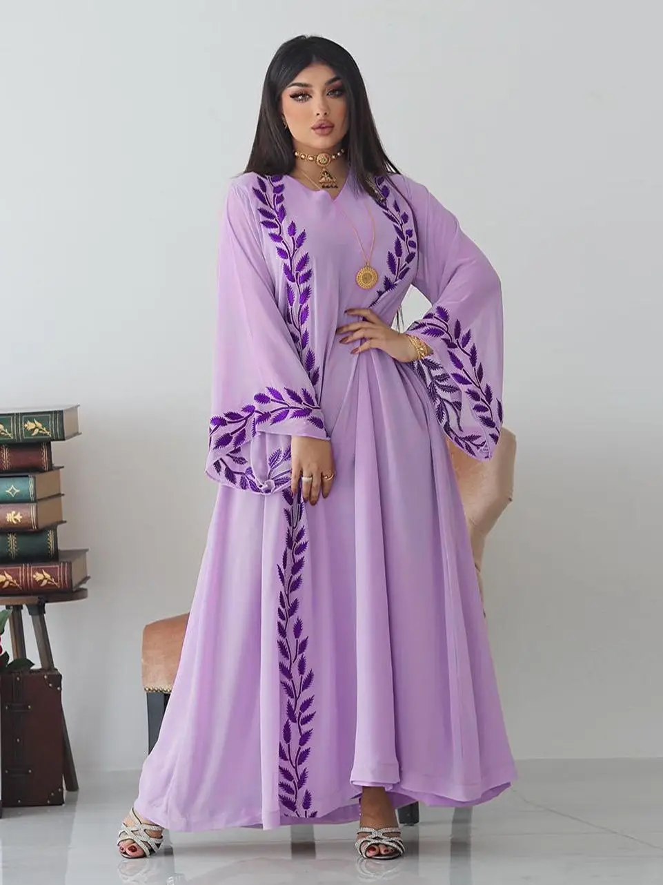 

Summer Chiffon Jalabiya Leaf Embroidered Arabic Dress with Scarf Islamic Clothing Evening Party Dubai Abaya Muslim Ramadan Eid