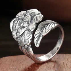 2026 Peony Open Ring Women's New Retro Design Ethnic Style  National Color Tianxiang Index Finger  Women