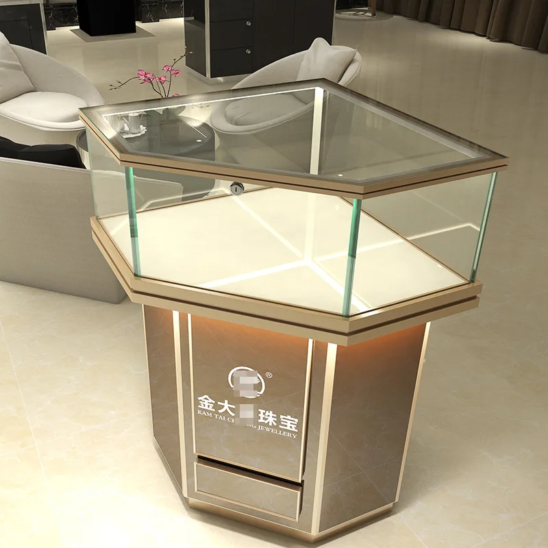 

Titanium alloy jewelry corner showcase Jewelry luxury glass display cabinet