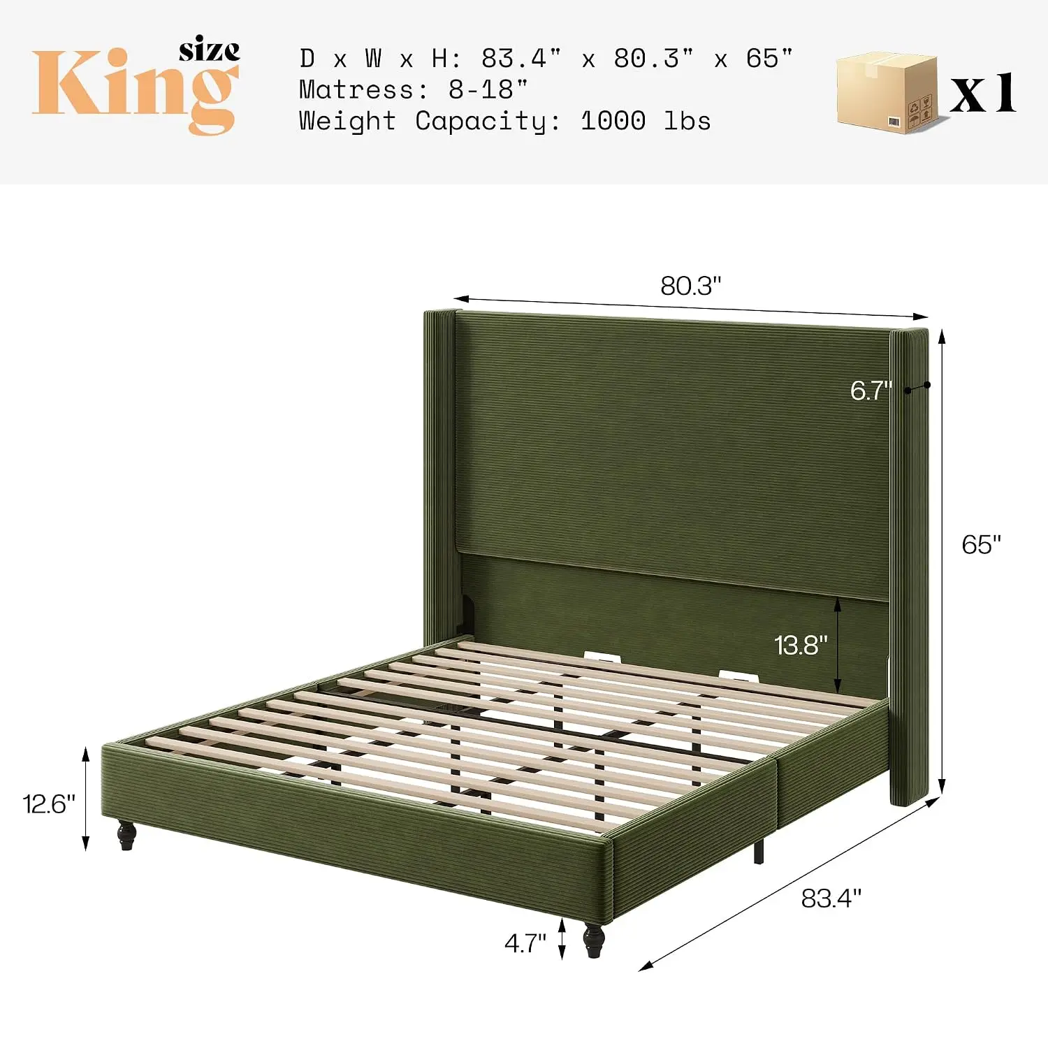 King Upholstered Platform Bed 65