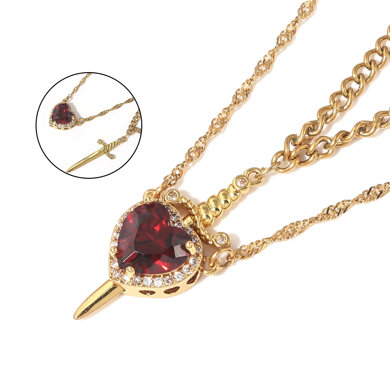 Stainless Steel Heart and Sword Pendant Necklace Fashion Gold Sliver Color Detachable Couple Necklaces Jewelry Gifts