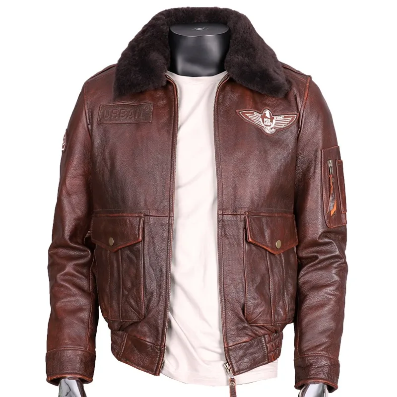 2024 New A2 Air Force Flight Suit Men's Cowhide Red Bottom Made Old Autumn Winter Leather Short Slim-fit Warm Fur collar Coat