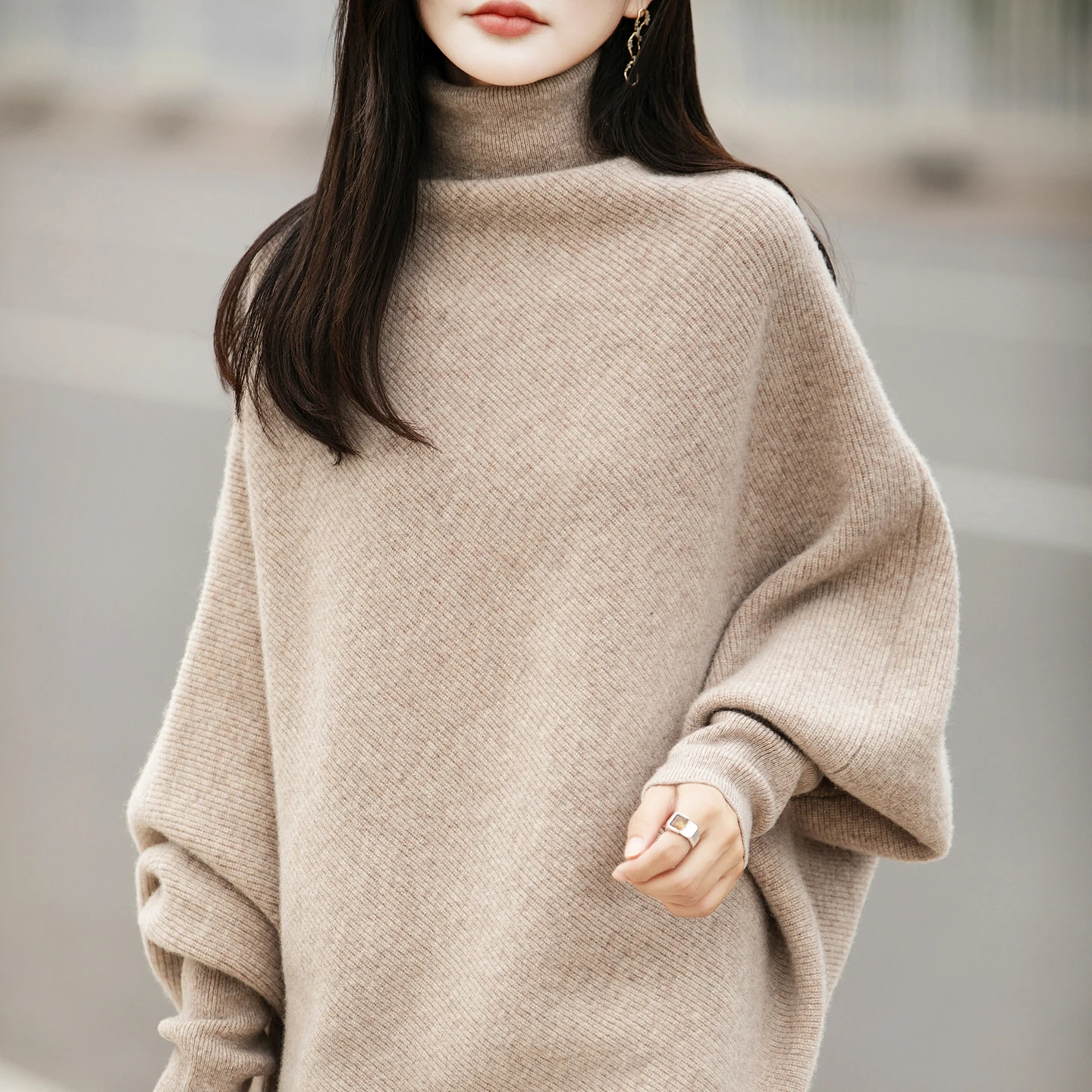 Fall/Winter 100% Pure Wool Women's Turtleneck Knitted Loose Sweater Cloak Padded Shawl Top