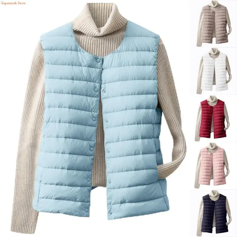 Q5WE Gilet da donna in piumino leggero senza colletto da esterno piumino corto senza maniche giacca trapuntata calda con bottoni