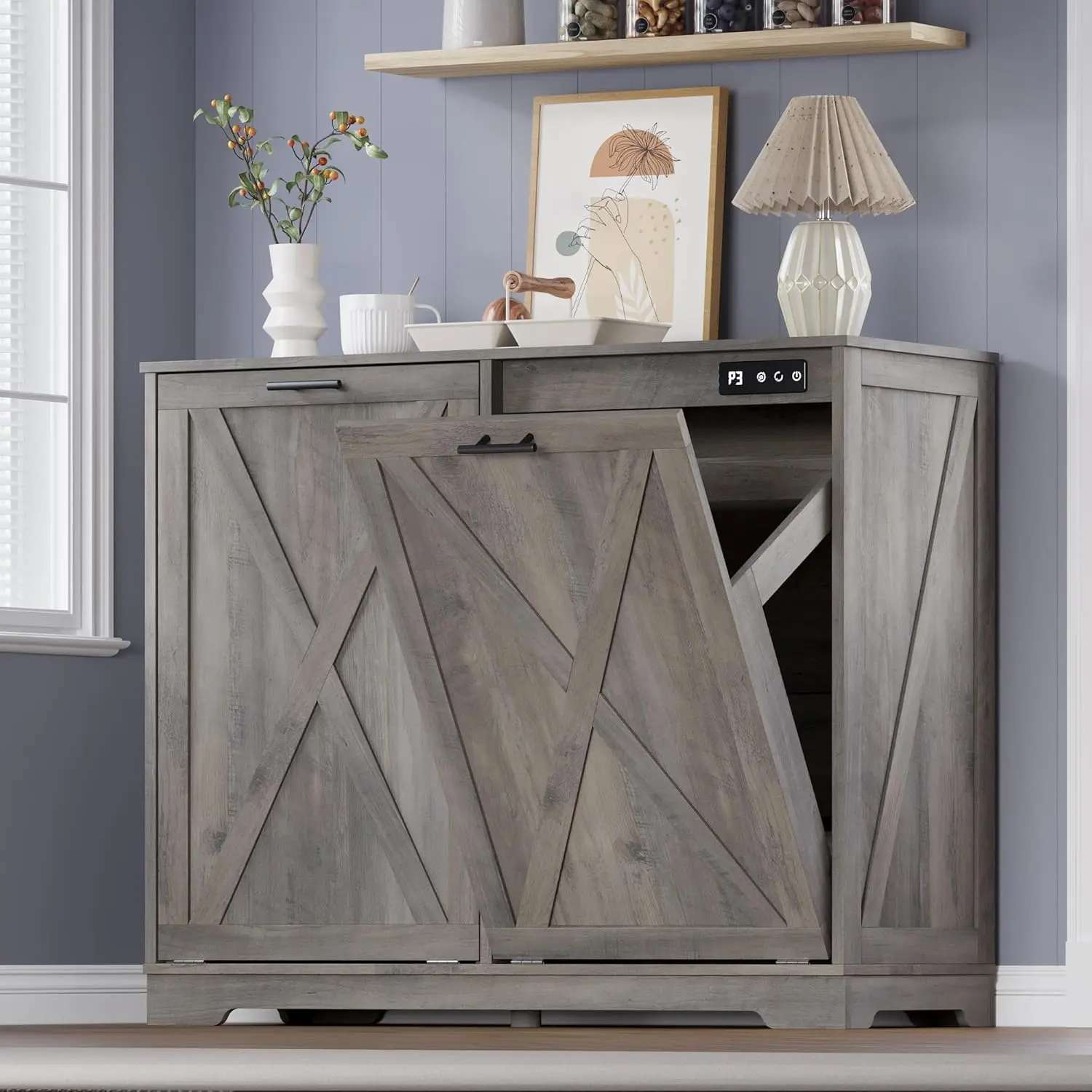 

Tilt Out Trash Can Cabinet for 2 Bins, Hidden Recycle Garbage Bin Enclosure, Wooden Double Laundry Cabinet with Odor Control