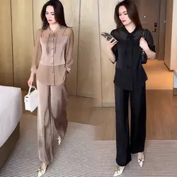 New Chinese Fashion Shirt Trousers suit 2024 Summer New Elegant Button Shirt Wide Leg Pants Two-Piece Y2K Lady Loose Pants Sets