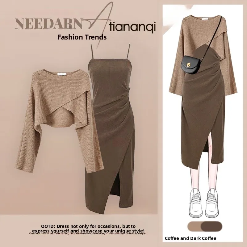 

Fall Season Knitted ort Crossed Sweater And Slimming Split Dr Two-Piece Set Ele Sle Casual Wear A-Line Skirt