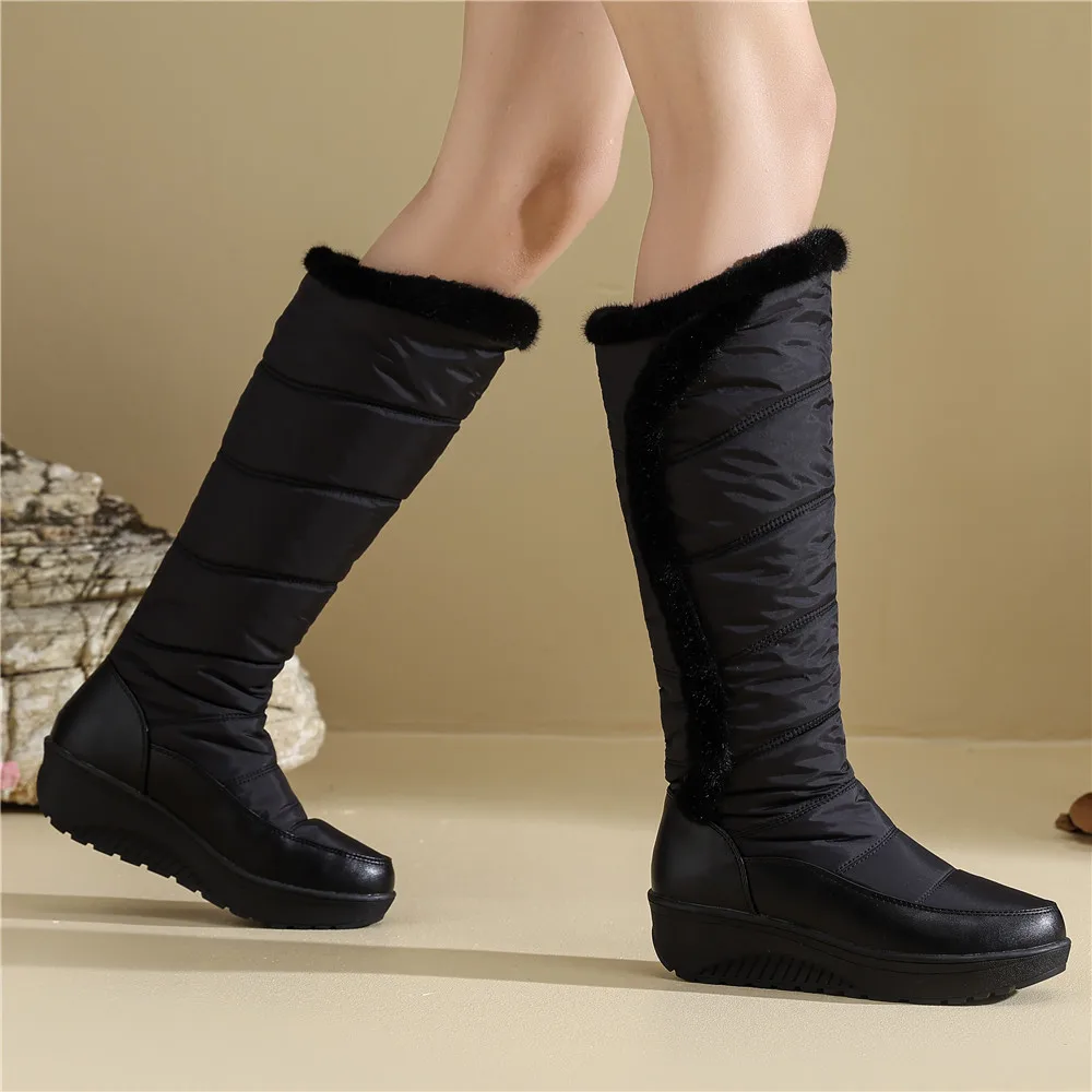 

2025 Winter Wedge Shoes Woman Fur plush Snow Boots Warm Casual platform Knee High Boots Girls Black Waterproof Booties Ladies