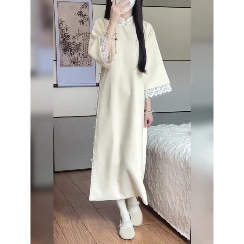 Shpmishal 2024 New Chinese Republic of China Small Dress Hanfu Cheongsams Women's Spring Rich Family Little Qianjin Dresses