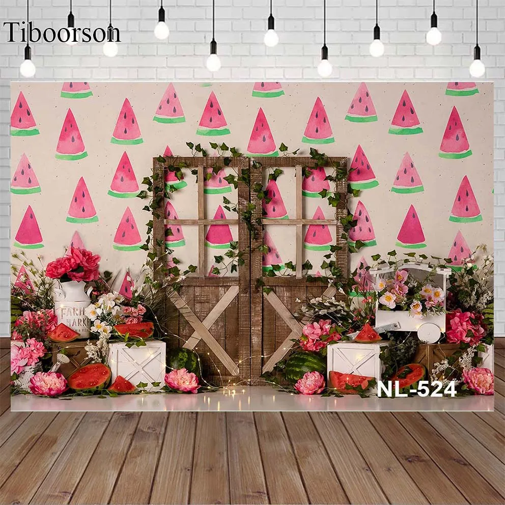 

Farmer's Market Watermelon Backdrop Rustic Wood Door Fruit Photo Booth Background Newborn Kids Portrait Birthday Backdrops Prop