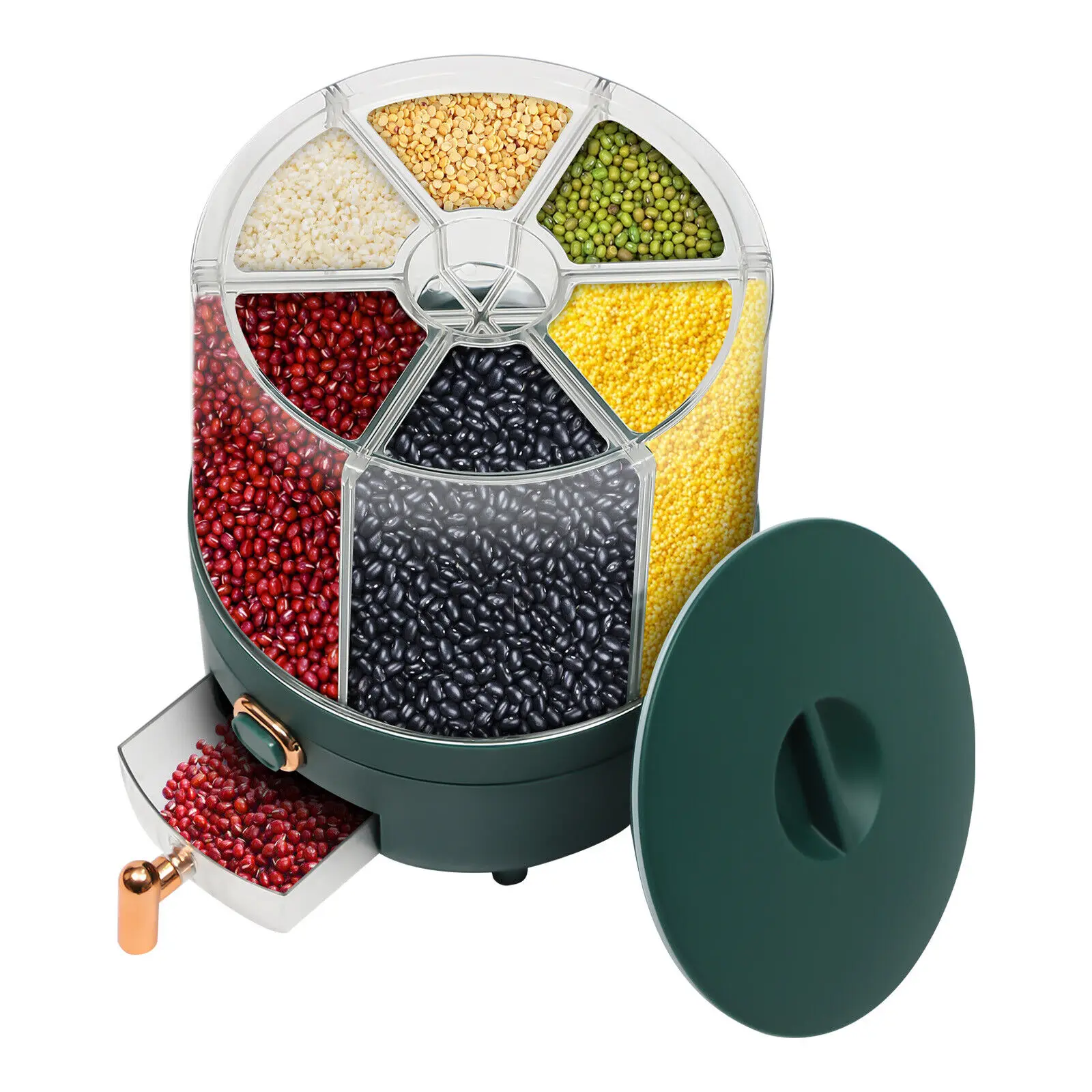 

Rice Dispenser Dry Grain Food Storage Container Tank 6-Grid Rotating for Kitchen