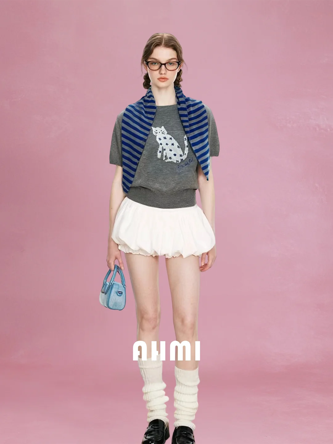 

AHMI Korean Sle round Ne Print Knitted Top Loose Fit ort Sve Women's Spring Faion Soft Polyester Blend