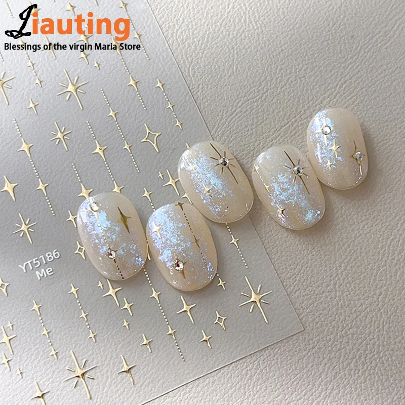 Hot Sale Gold Silver Stamped Starlight Laser Glitter Star Bronzing Rhinestones Relief Nail Art Decors Stickers Manicure Decals