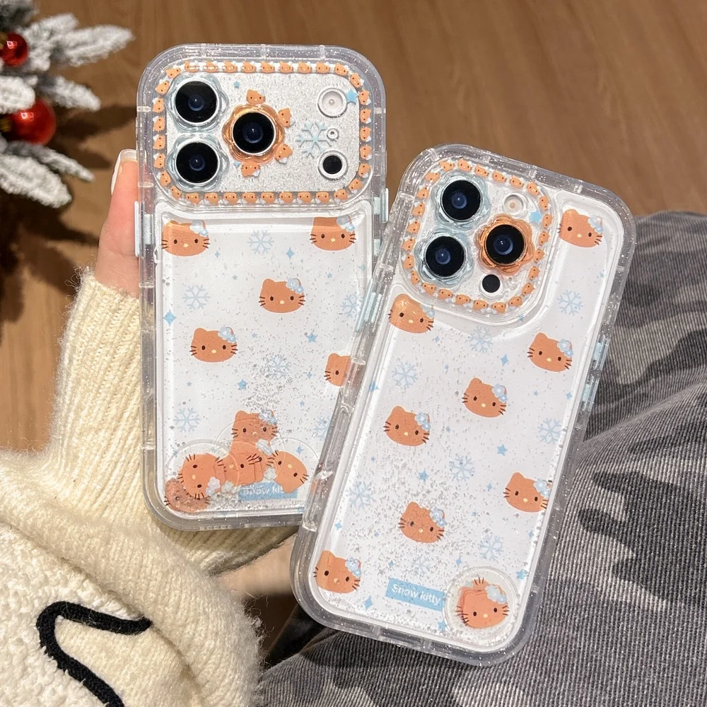 Flower Flowing Sand Black Skin KT Case For iPhone 16 15 Pro Max 14 Pro Max 13 Pro 17 Pro Max Cartoon Snowman Bling Flower Cover